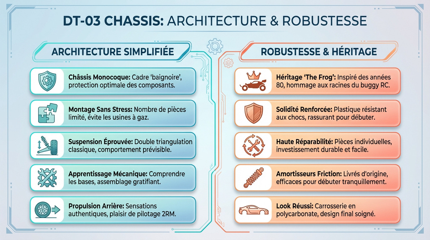 Vue détaillée de l'architecture robuste du châssis Tamiya DT-03