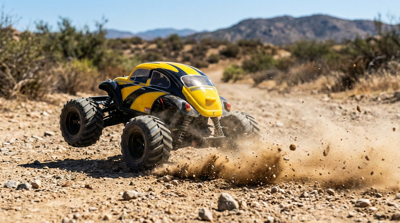 Tamiya Quirkhopper GF-02 jaune et noire, voiture RC, en plein saut sur un chemin de terre, projetant de la poussière. Paysage désertique.