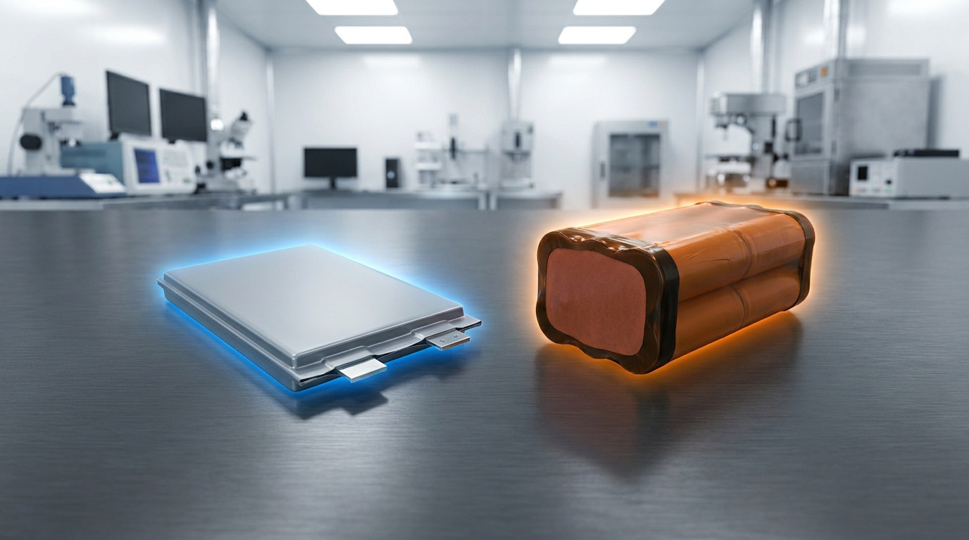 Une batterie LiPo plate et une batterie NiMH cylindrique posées sur une table dans un laboratoire technologique.