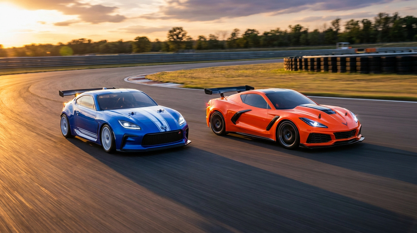 Deux voitures télécommandées, une bleue et une orange, roulant côte à côte sur une piste de course au coucher du soleil.