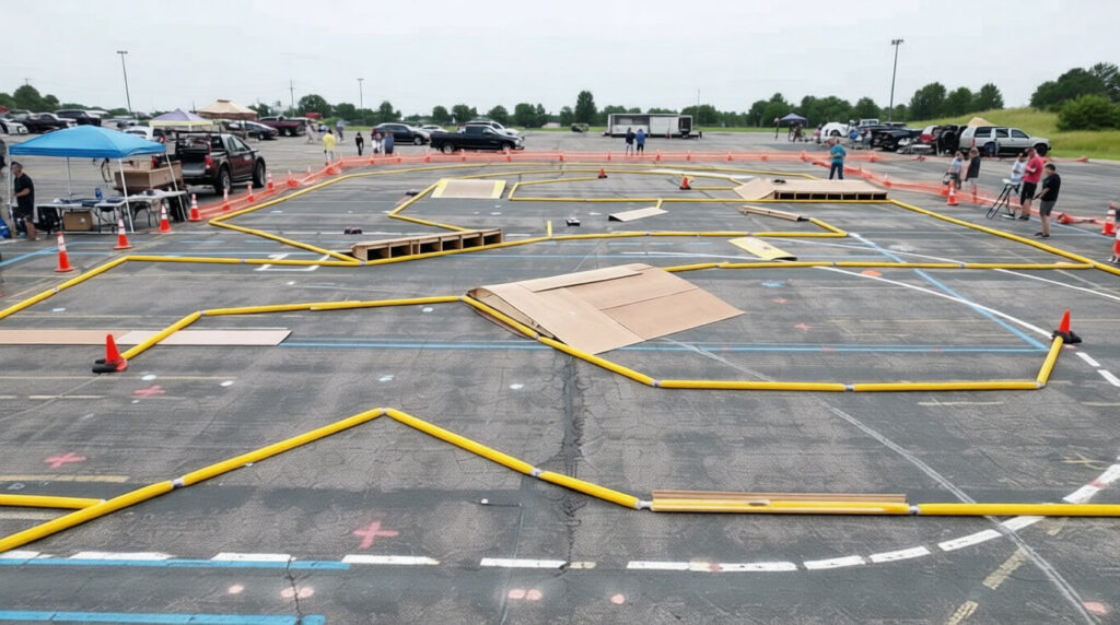 Piste de course RC installée sur un grand parking, avec des obstacles, des barrières jaunes et des personnes observant l'action.