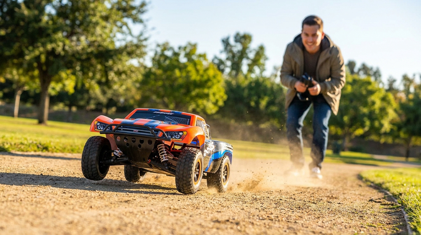Un homme sourit en pilotant une voiture RC orange et bleue sur un sentier en terre dans un parc ensoleillé.