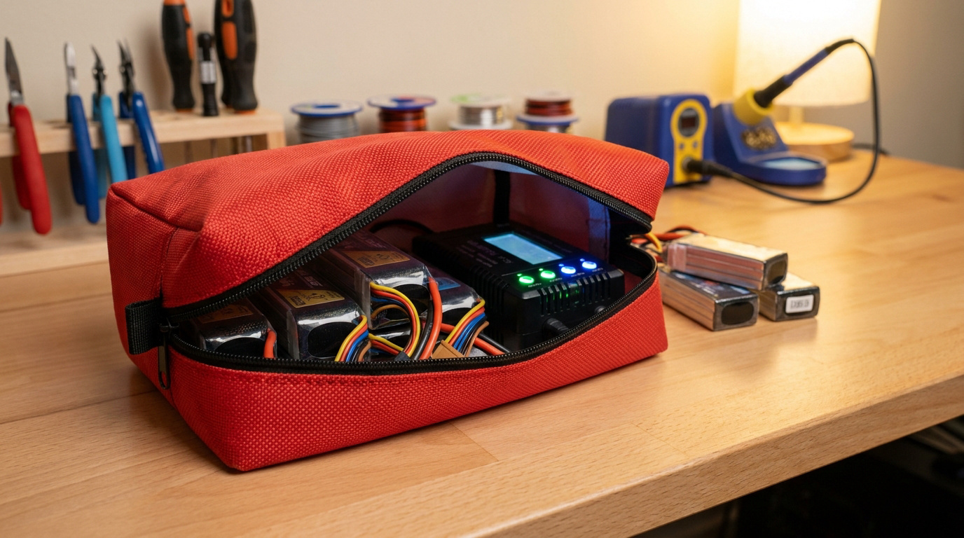 Un sac de charge LiPo rouge ouvert sur un établi contenant un chargeur de batterie et plusieurs batteries LiPo.