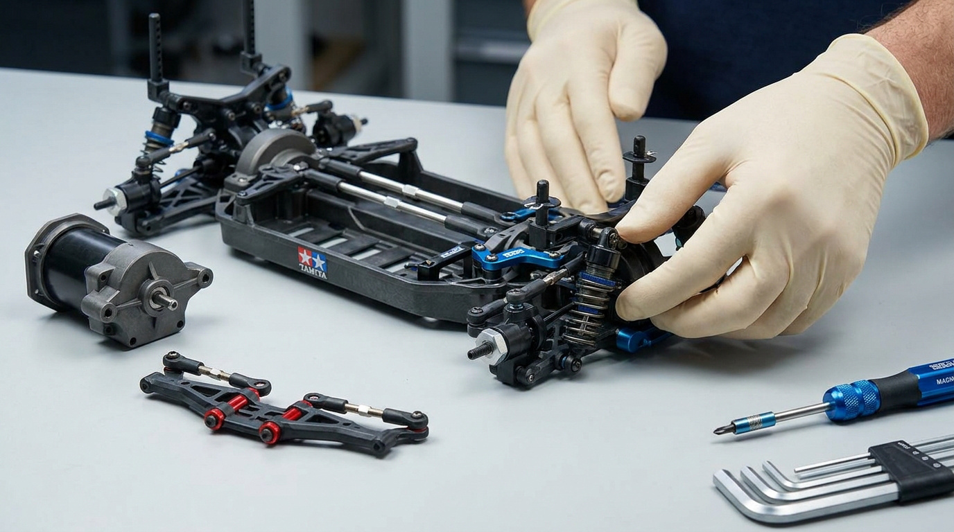 Mains avec gants montant le châssis RC Tamiya BT-01 avec des outils sur une table de travail.