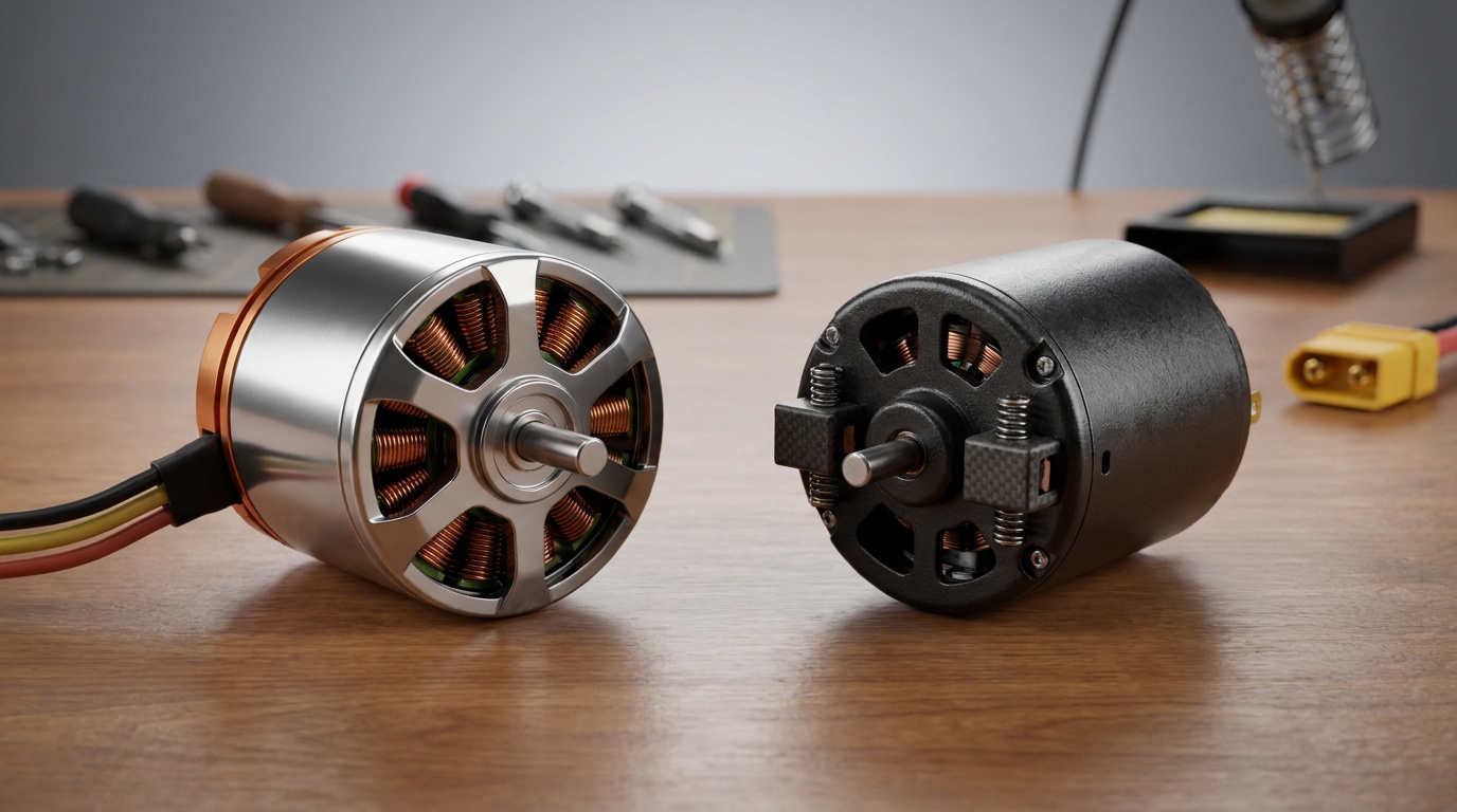 Comparaison entre un moteur brushless métallique et un moteur à charbons noir sur un établi.