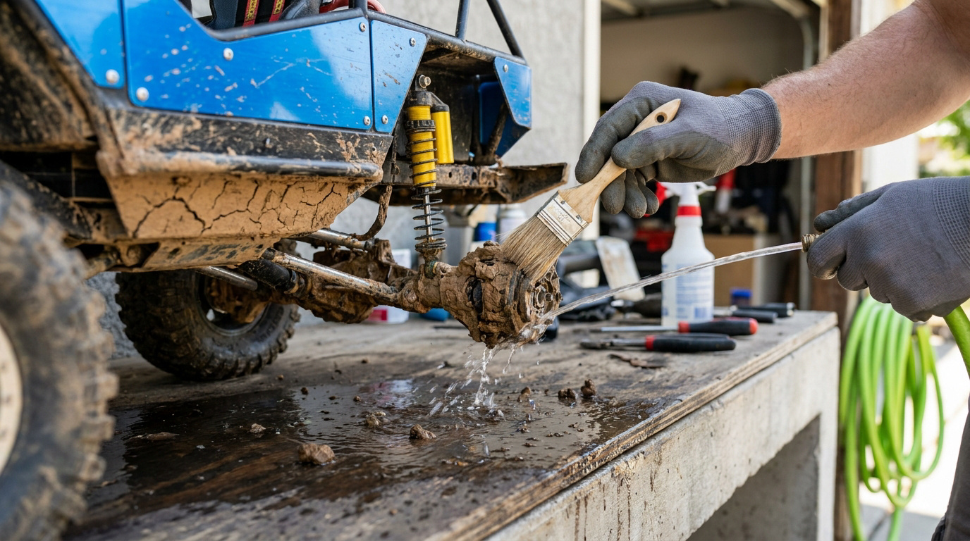 Une personne nettoie les roues et le châssis boueux d'une voiture RC bleue avec une brosse et un jet d'eau.