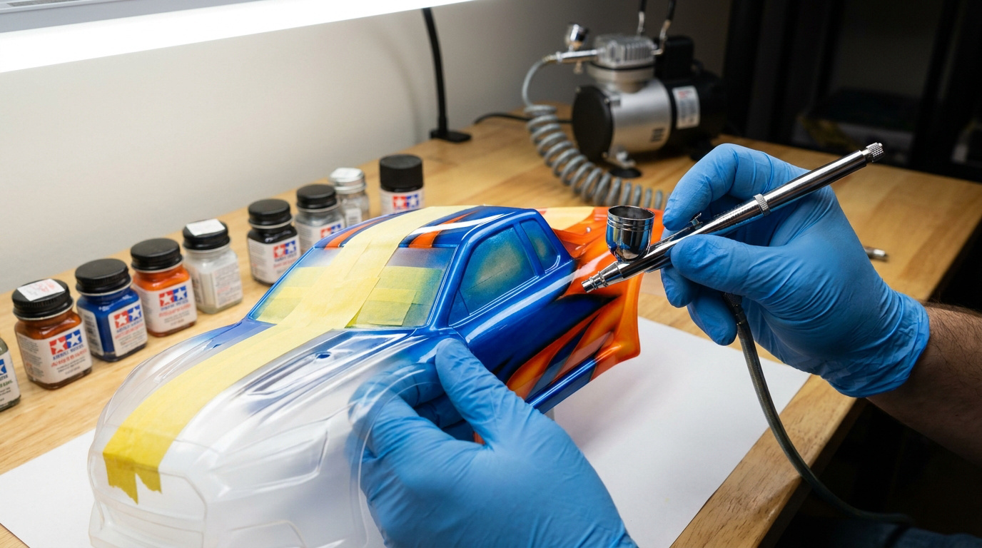 Une personne porte des gants bleus et utilise un aérographe pour peindre une carrosserie de voiture RC masquée avec du ruban.