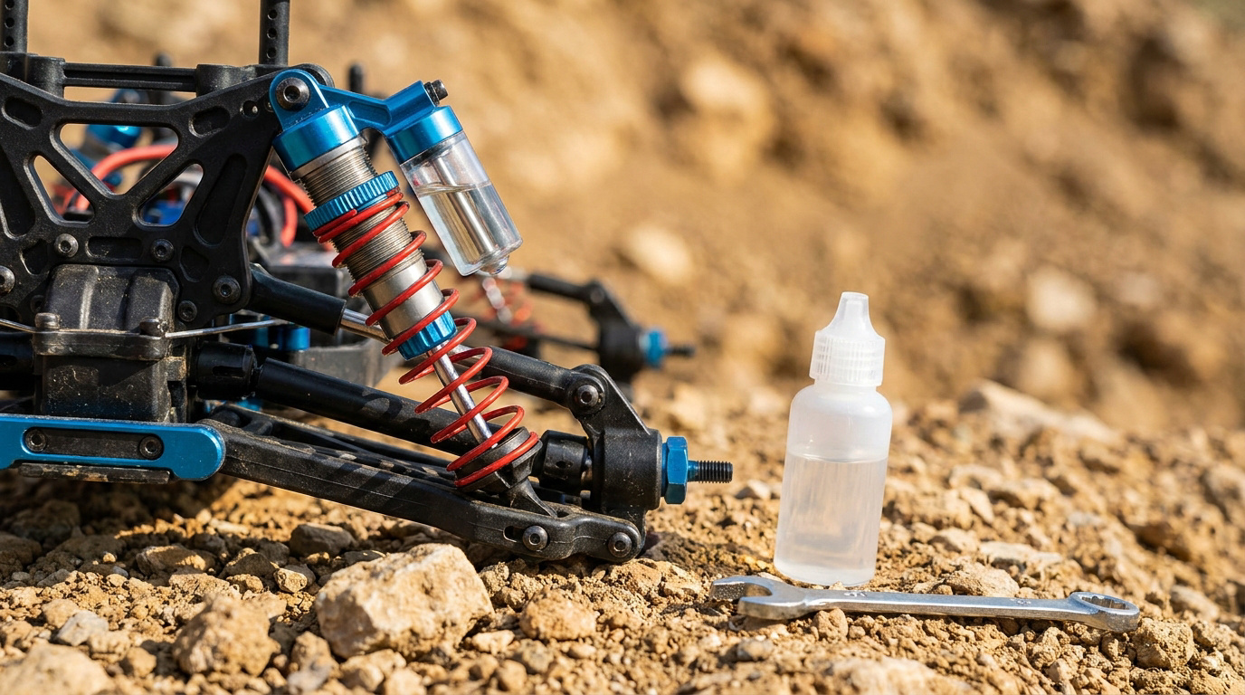 Gros plan sur une suspension de voiture RC avec un flacon d'huile et une clé sur un terrain rocailleux.