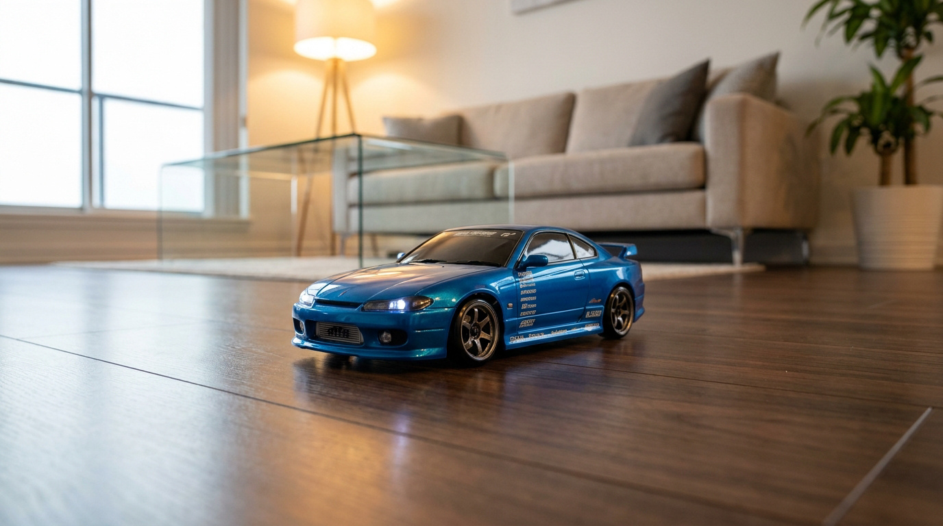 Une voiture miniature télécommandée bleue garée sur un parquet en bois dans un salon lumineux.